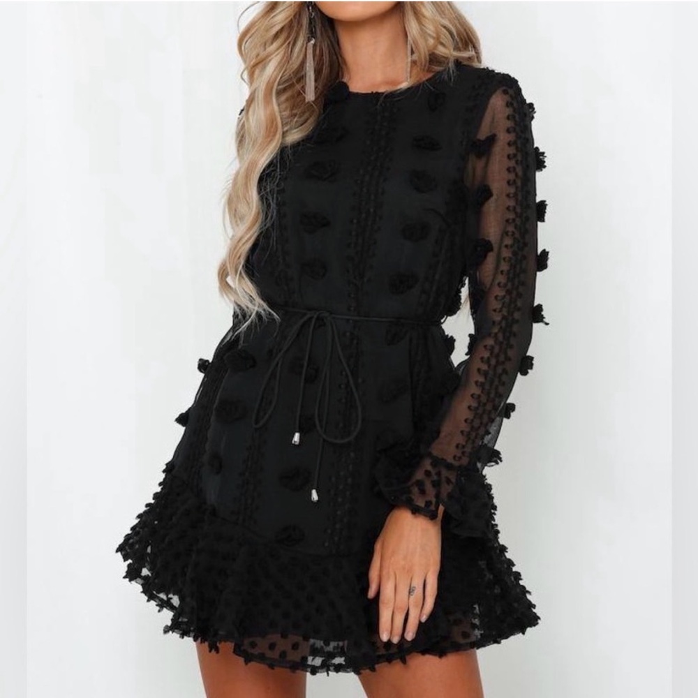 Elegant Black PomPom 3D Textured Mini Dress